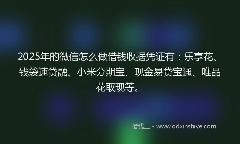 2025年的微信怎么做借钱收据凭证有：乐享花、钱袋速贷融、小米分期宝、现金易贷宝通、唯品花取现等。