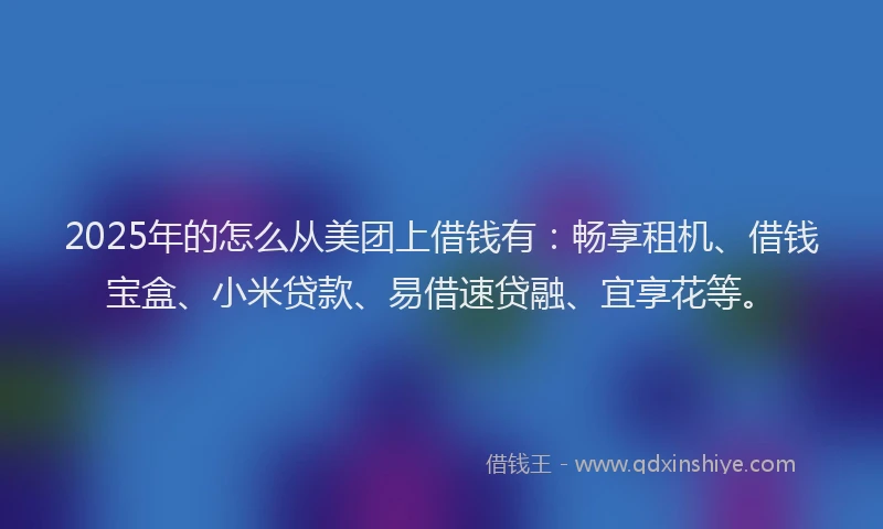 2025年的怎么从美团上借钱有：畅享租机、借钱宝盒、小米贷款、易借速贷融、宜享花等。