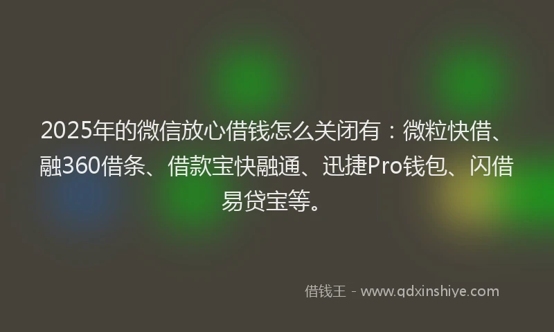 2025年的微信放心借钱怎么关闭有：微粒快借、融360借条、借款宝快融通、迅捷Pro钱包、闪借易贷宝等。
