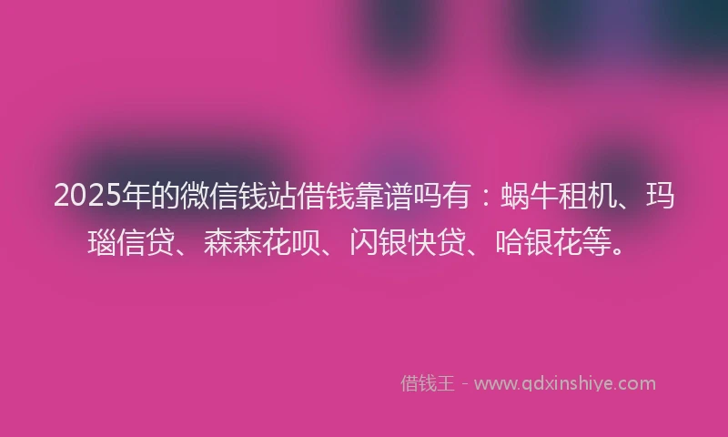 2025年的微信钱站借钱靠谱吗有：蜗牛租机、玛瑙信贷、森森花呗、闪银快贷、哈银花等。