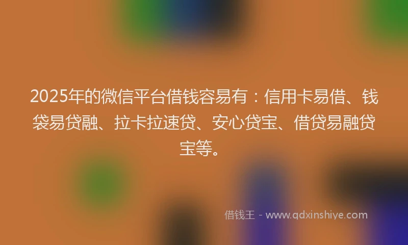 2025年的微信平台借钱容易有：信用卡易借、钱袋易贷融、拉卡拉速贷、安心贷宝、借贷易融贷宝等。