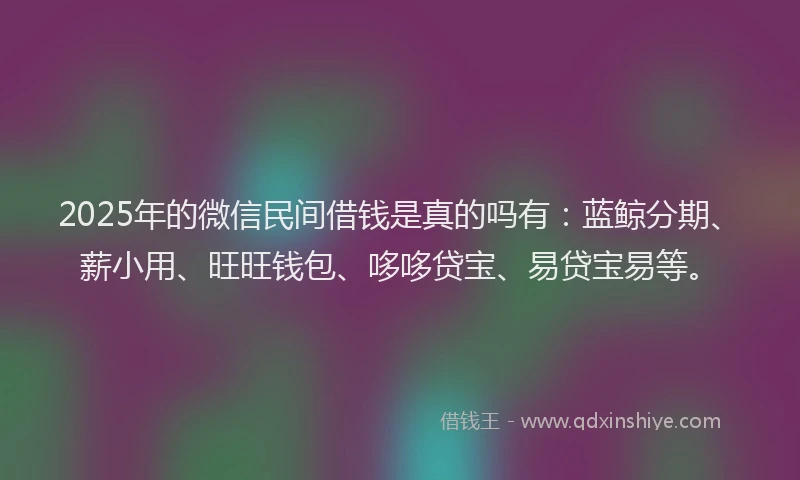 2025年的微信民间借钱是真的吗有：蓝鲸分期、薪小用、旺旺钱包、哆哆贷宝、易贷宝易等。