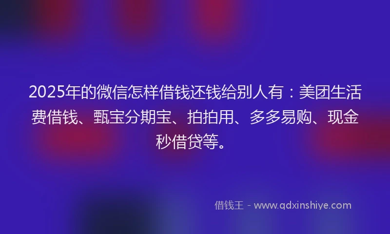 2025年的微信怎样借钱还钱给别人有：美团生活费借钱、甄宝分期宝、拍拍用、多多易购、现金秒借贷等。