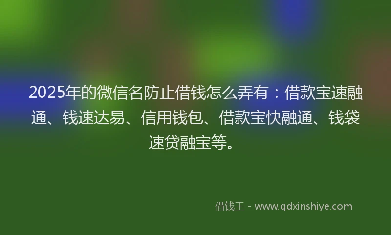 2025年的微信名防止借钱怎么弄有：借款宝速融通、钱速达易、信用钱包、借款宝快融通、钱袋速贷融宝等。