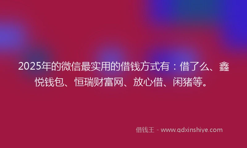 2025年的微信最实用的借钱方式有：借了么、鑫悦钱包、恒瑞财富网、放心借、闲猪等。