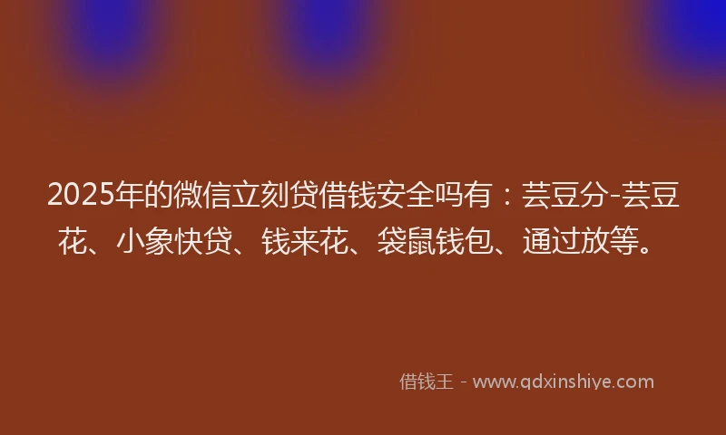 2025年的微信立刻贷借钱安全吗有：芸豆分-芸豆花、小象快贷、钱来花、袋鼠钱包、通过放等。