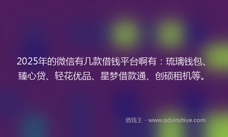 2025年的微信有几款借钱平台啊有：琉璃钱包、臻心贷、轻花优品、星梦借款通、创硕租机等。