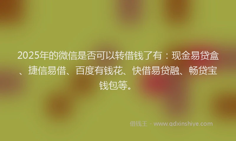 2025年的微信是否可以转借钱了有：现金易贷盒、捷信易借、百度有钱花、快借易贷融、畅贷宝钱包等。