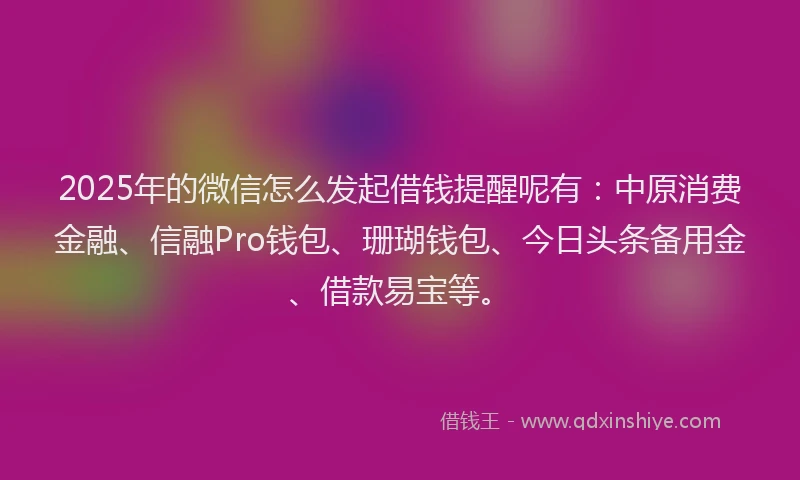 2025年的微信怎么发起借钱提醒呢有：中原消费金融、信融Pro钱包、珊瑚钱包、今日头条备用金、借款易宝等。