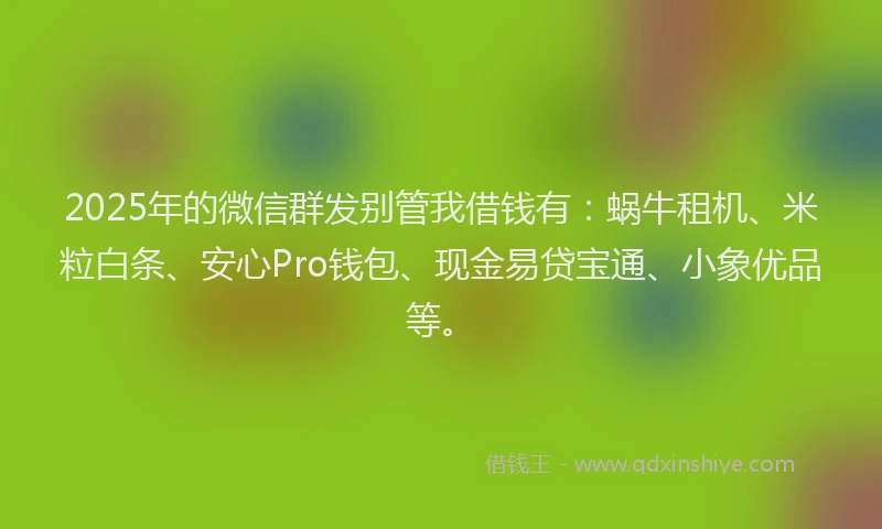 2025年的微信群发别管我借钱有：蜗牛租机、米粒白条、安心Pro钱包、现金易贷宝通、小象优品等。
