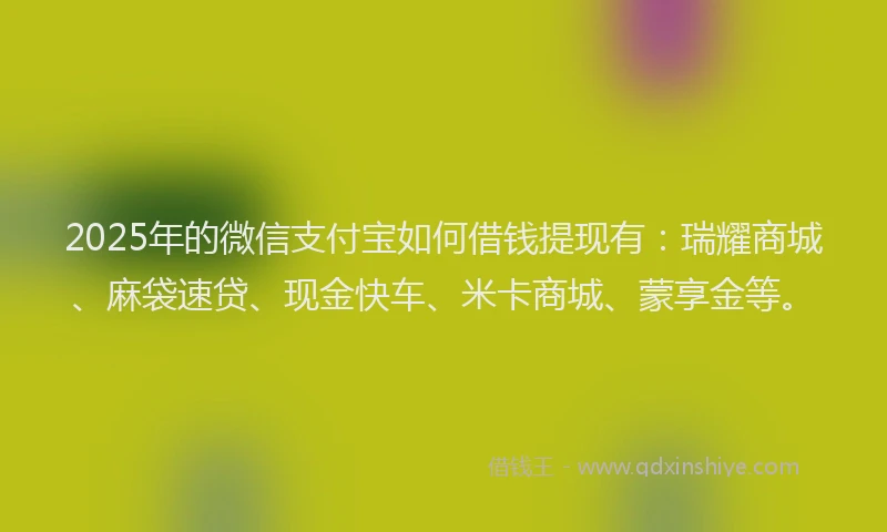 2025年的微信支付宝如何借钱提现有：瑞耀商城、麻袋速贷、现金快车、米卡商城、蒙享金等。