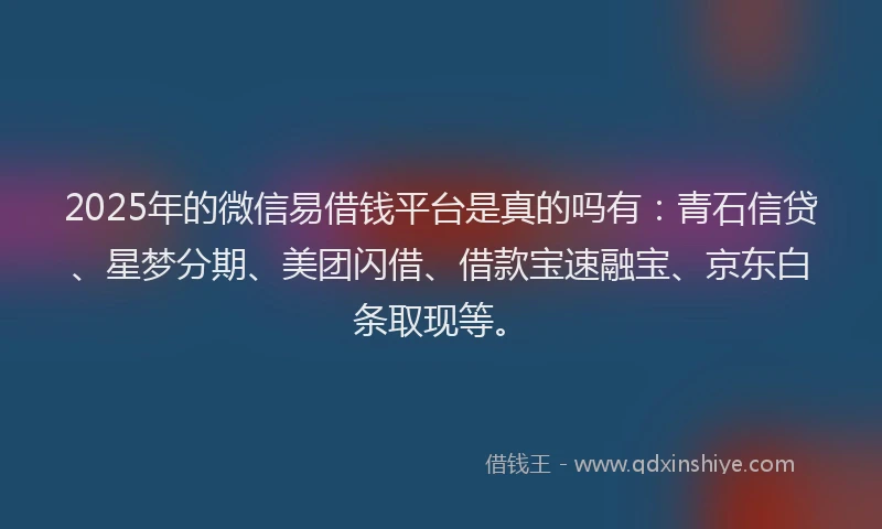 2025年的微信易借钱平台是真的吗有：青石信贷、星梦分期、美团闪借、借款宝速融宝、京东白条取现等。