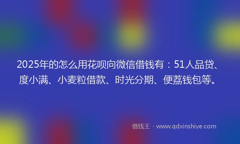 2025年的怎么用花呗向微信借钱有：51人品贷、度小满、小麦粒借款、时光分期、便荔钱包等。