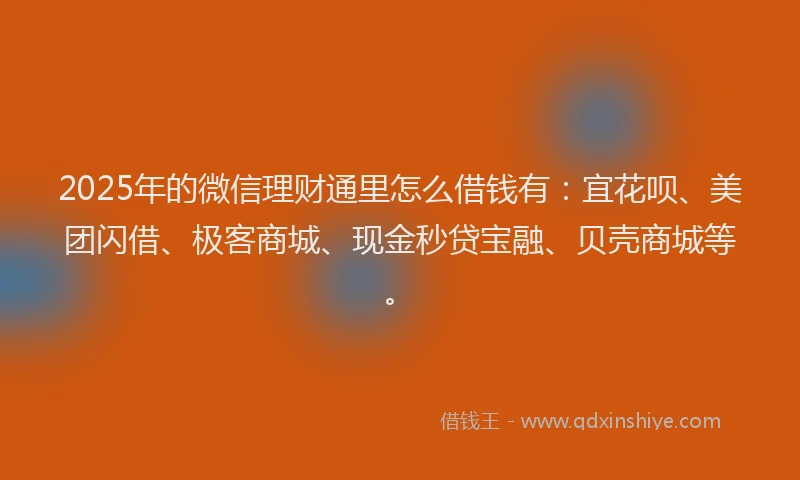 2025年的微信理财通里怎么借钱有：宜花呗、美团闪借、极客商城、现金秒贷宝融、贝壳商城等。