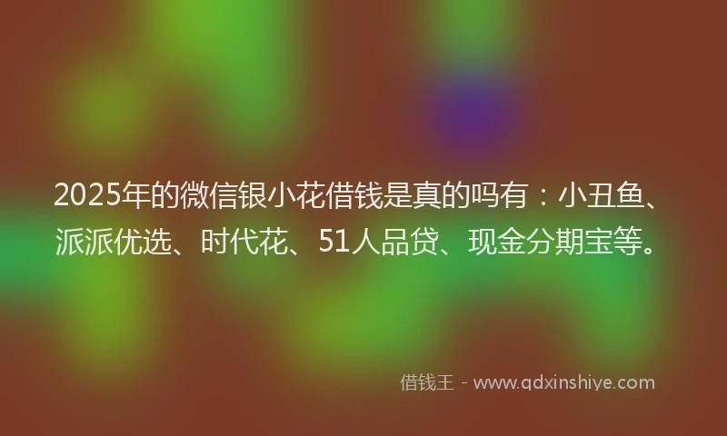 2025年的微信银小花借钱是真的吗有：小丑鱼、派派优选、时代花、51人品贷、现金分期宝等。