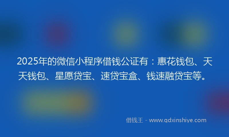2025年的微信小程序借钱公证有：惠花钱包、天天钱包、星愿贷宝、速贷宝盒、钱速融贷宝等。