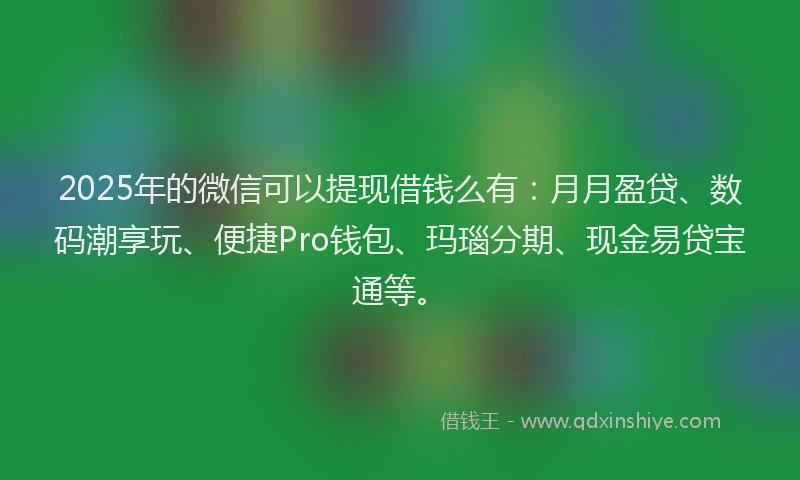 2025年的微信可以提现借钱么有：月月盈贷、数码潮享玩、便捷Pro钱包、玛瑙分期、现金易贷宝通等。