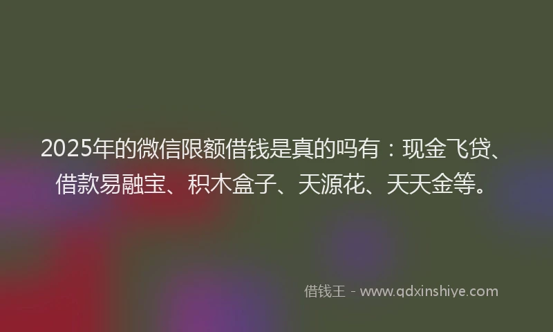 2025年的微信限额借钱是真的吗有：现金飞贷、借款易融宝、积木盒子、天源花、天天金等。