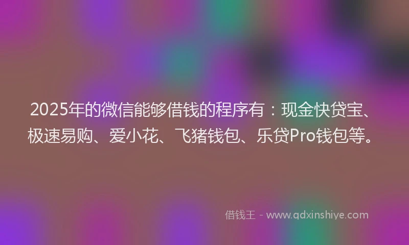 2025年的微信能够借钱的程序有：现金快贷宝、极速易购、爱小花、飞猪钱包、乐贷Pro钱包等。