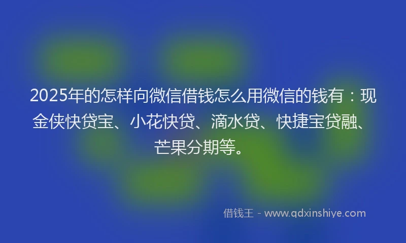 2025年的怎样向微信借钱怎么用微信的钱有：现金侠快贷宝、小花快贷、滴水贷、快捷宝贷融、芒果分期等。
