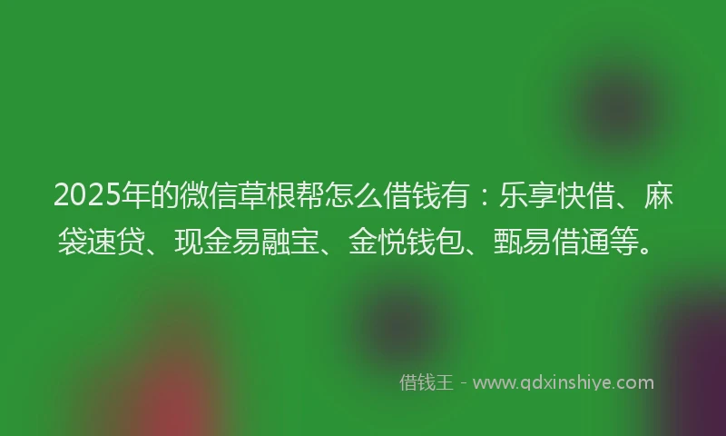 2025年的微信草根帮怎么借钱有：乐享快借、麻袋速贷、现金易融宝、金悦钱包、甄易借通等。