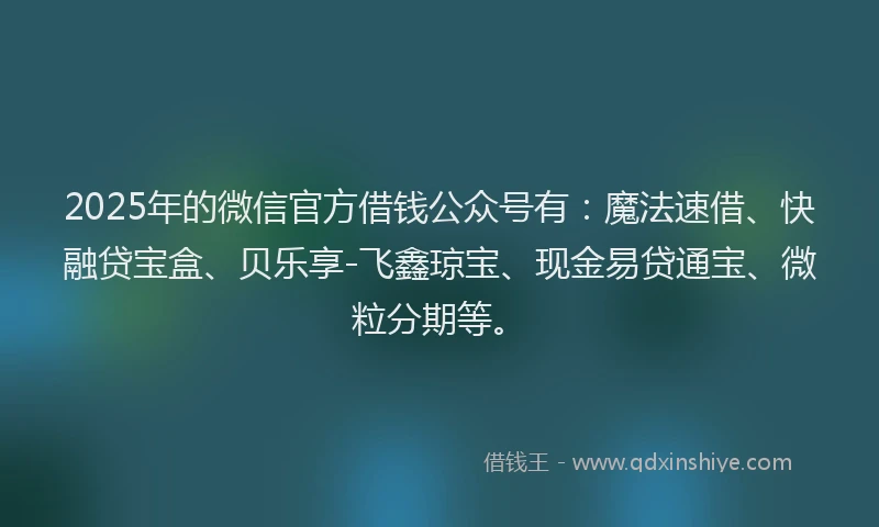 2025年的微信官方借钱公众号有：魔法速借、快融贷宝盒、贝乐享-飞鑫琼宝、现金易贷通宝、微粒分期等。