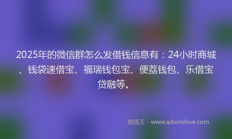 2025年的微信群怎么发借钱信息有：24小时商城、钱袋速借宝、福瑞钱包宝、便荔钱包、乐借宝贷融等。