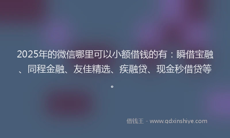 2025年的微信哪里可以小额借钱的有：瞬借宝融、同程金融、友佳精选、疾融贷、现金秒借贷等。