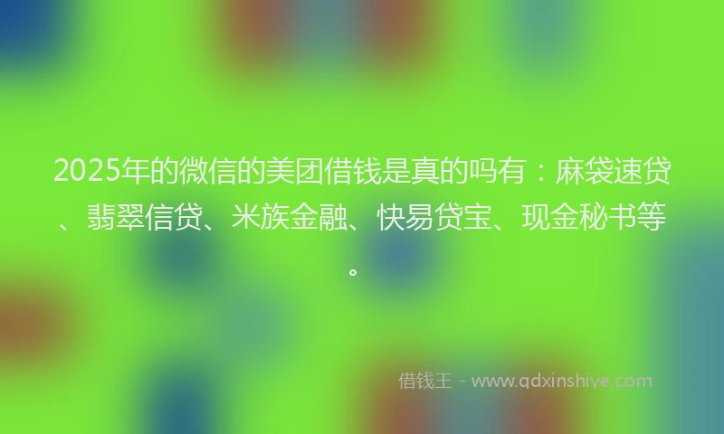 2025年的微信的美团借钱是真的吗有：麻袋速贷、翡翠信贷、米族金融、快易贷宝、现金秘书等。
