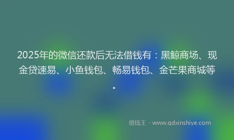 2025年的微信还款后无法借钱有：黑鲸商场、现金贷速易、小鱼钱包、畅易钱包、金芒果商城等。