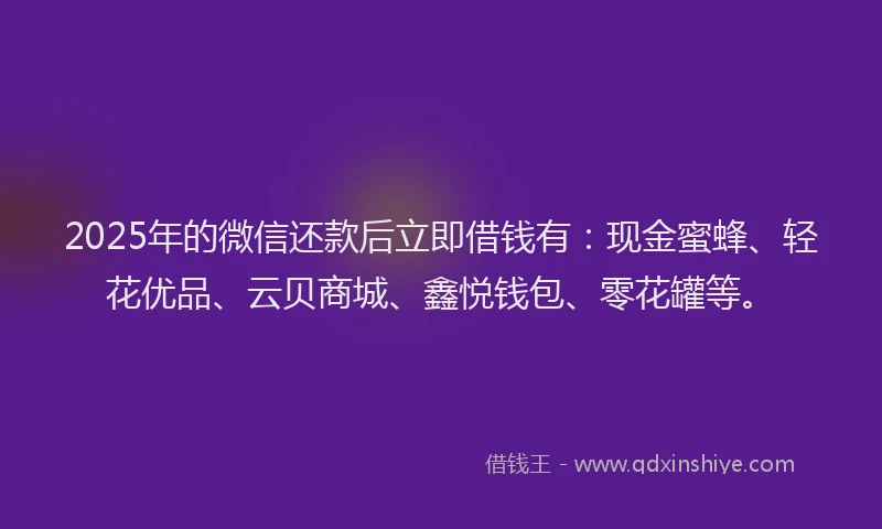 2025年的微信还款后立即借钱有：现金蜜蜂、轻花优品、云贝商城、鑫悦钱包、零花罐等。