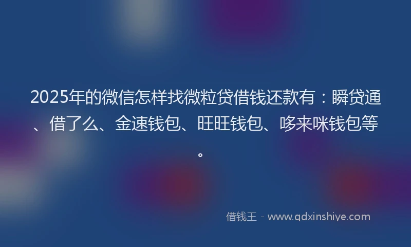 2025年的微信怎样找微粒贷借钱还款有：瞬贷通、借了么、金速钱包、旺旺钱包、哆来咪钱包等。