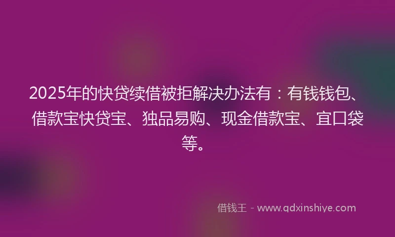 2025年的快贷续借被拒解决办法有：有钱钱包、借款宝快贷宝、独品易购、现金借款宝、宜口袋等。