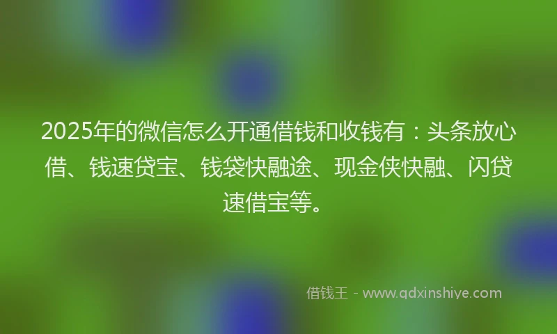 2025年的微信怎么开通借钱和收钱有：头条放心借、钱速贷宝、钱袋快融途、现金侠快融、闪贷速借宝等。