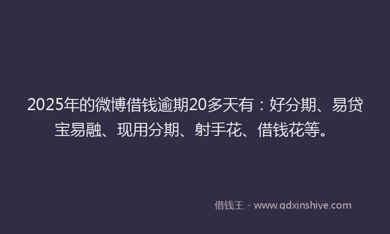 2025年的微博借钱逾期20多天有：好分期、易贷宝易融、现用分期、射手花、借钱花等。