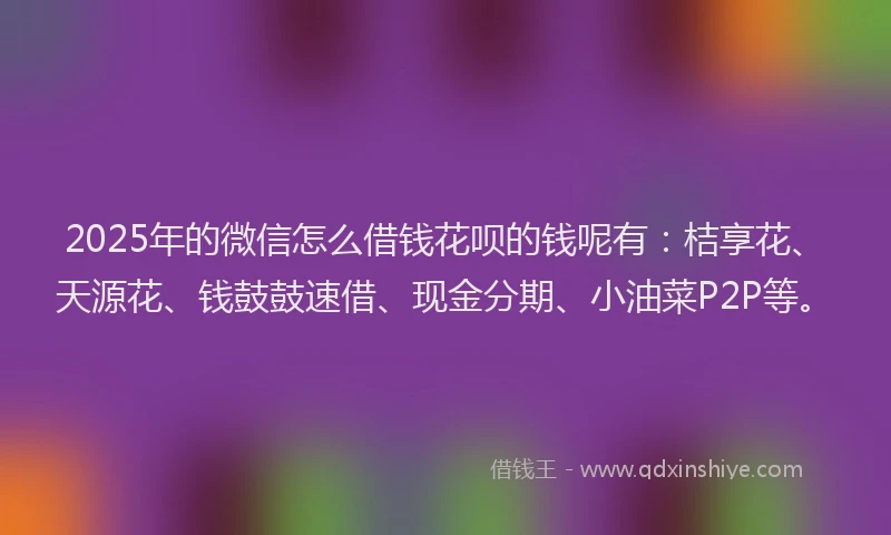 2025年的微信怎么借钱花呗的钱呢有：桔享花、天源花、钱鼓鼓速借、现金分期、小油菜P2P等。