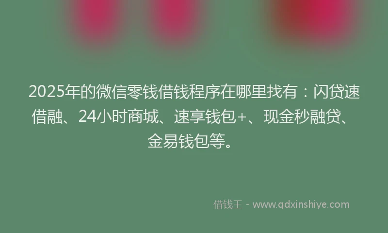 2025年的微信零钱借钱程序在哪里找有：闪贷速借融、24小时商城、速享钱包+、现金秒融贷、金易钱包等。