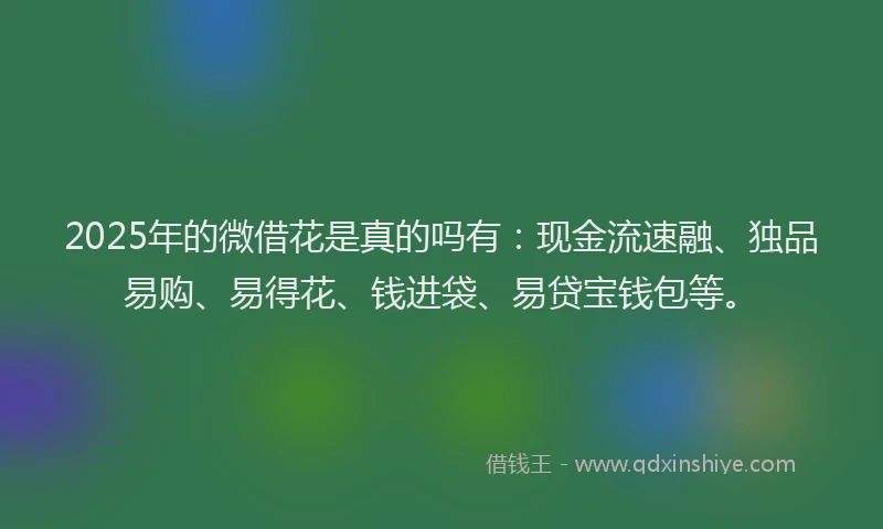 2025年的微借花是真的吗有：现金流速融、独品易购、易得花、钱进袋、易贷宝钱包等。
