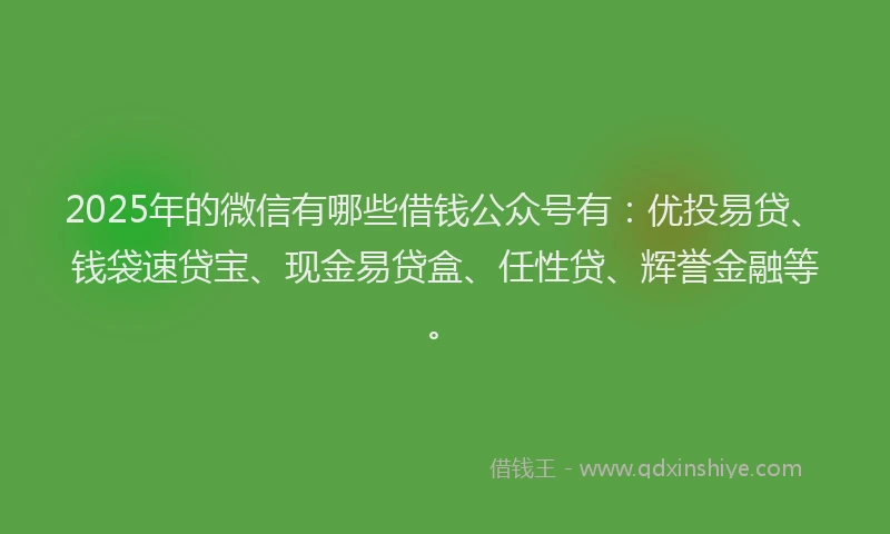 2025年的微信有哪些借钱公众号有：优投易贷、钱袋速贷宝、现金易贷盒、任性贷、辉誉金融等。