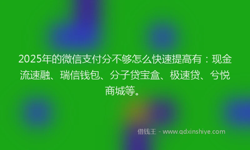 2025年的微信支付分不够怎么快速提高有：现金流速融、瑞信钱包、分子贷宝盒、极速贷、兮悦商城等。