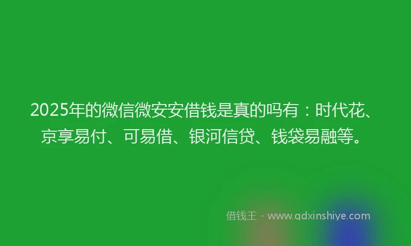 2025年的微信微安安借钱是真的吗有：时代花、京享易付、可易借、银河信贷、钱袋易融等。