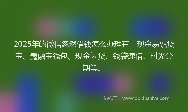 2025年的微信忽然借钱怎么办理有：现金易融贷宝、鑫融宝钱包、现金闪贷、钱袋速借、时光分期等。