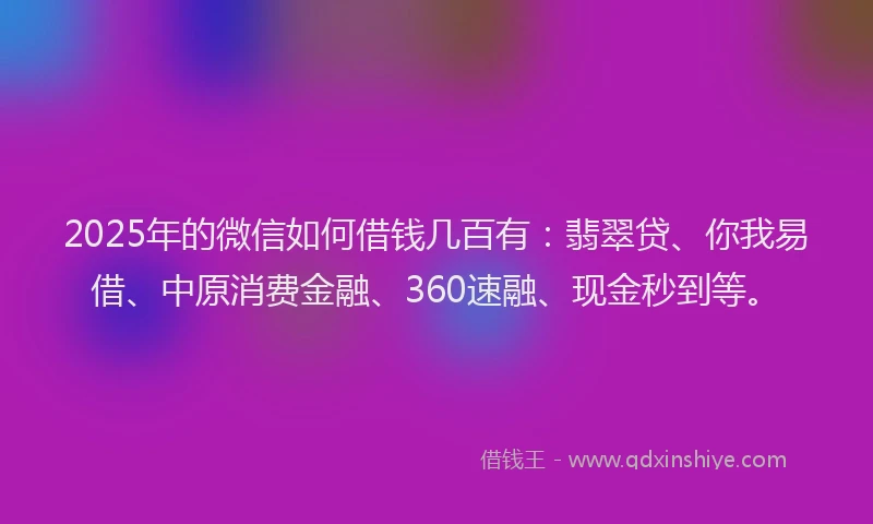 2025年的微信如何借钱几百有：翡翠贷、你我易借、中原消费金融、360速融、现金秒到等。
