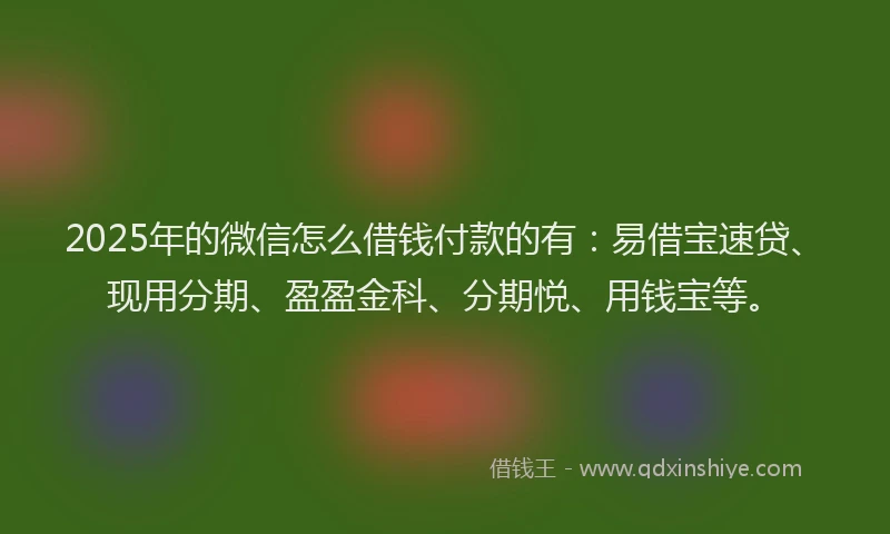 2025年的微信怎么借钱付款的有：易借宝速贷、现用分期、盈盈金科、分期悦、用钱宝等。