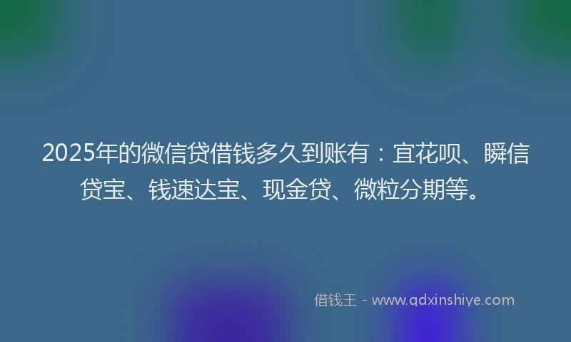 2025年的微信贷借钱多久到账有：宜花呗、瞬信贷宝、钱速达宝、现金贷、微粒分期等。