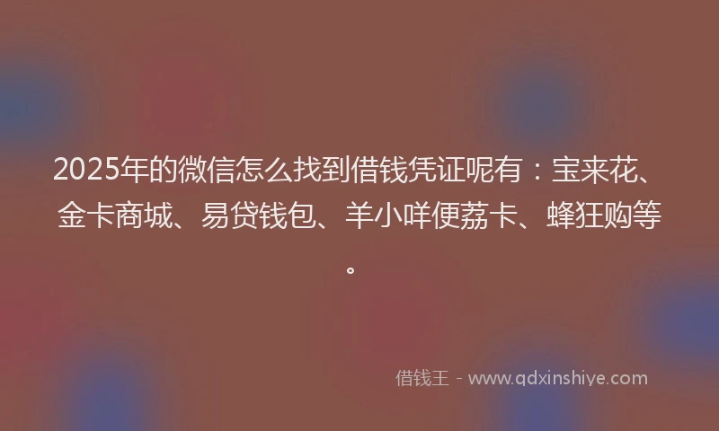 2025年的微信怎么找到借钱凭证呢有：宝来花、金卡商城、易贷钱包、羊小咩便荔卡、蜂狂购等。