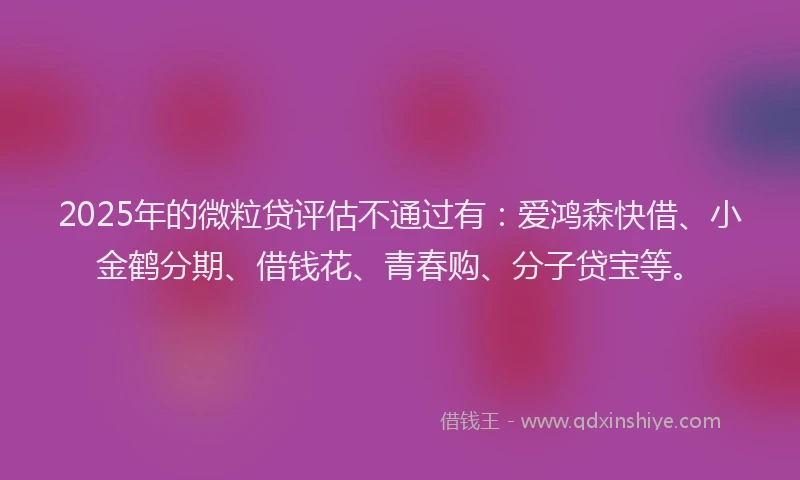 2025年的微粒贷评估不通过有：爱鸿森快借、小金鹤分期、借钱花、青春购、分子贷宝等。