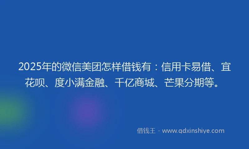 2025年的微信美团怎样借钱有：信用卡易借、宜花呗、度小满金融、千亿商城、芒果分期等。