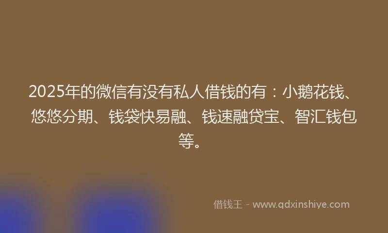 2025年的微信有没有私人借钱的有：小鹅花钱、悠悠分期、钱袋快易融、钱速融贷宝、智汇钱包等。