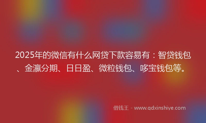 2025年的微信有什么网贷下款容易有：智贷钱包、金瀛分期、日日盈、微粒钱包、哆宝钱包等。